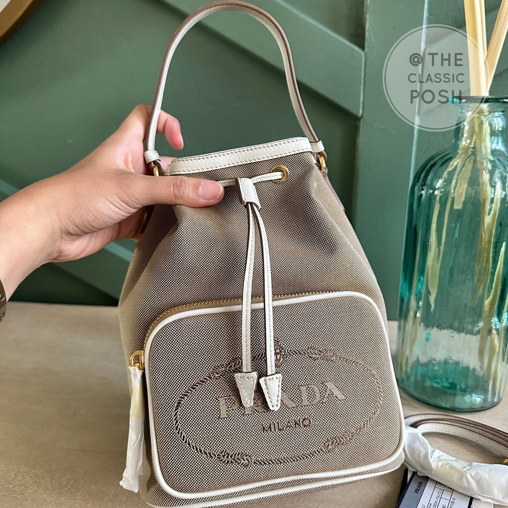 NEW Prada Jacquard Logo Bucket White Trim Canvas Tote  Crossbody Bag - Picture 4 of 11